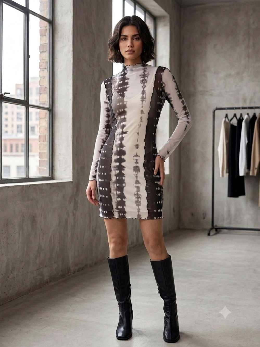 Stradivarius Sheer Long Sleeve Bodycon Mini Dress - tie dye printed pattern